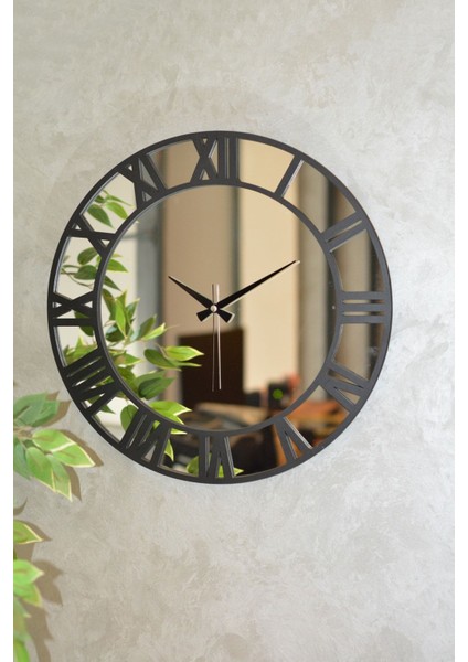 Modern 46 cm Ayna ve Ahşap Rakamlı Dekoratif Duvar Saati Siyah