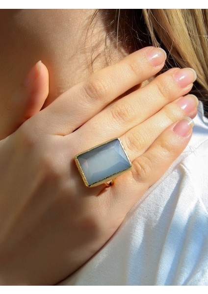 Kedi Gözü Cam Kadın Ayarlanabilir Altın Kaplama Yüzük Beyaz EUY69B