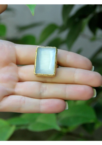 Kedi Gözü Cam Kadın Ayarlanabilir Altın Kaplama Yüzük Beyaz EUY69B modelleri