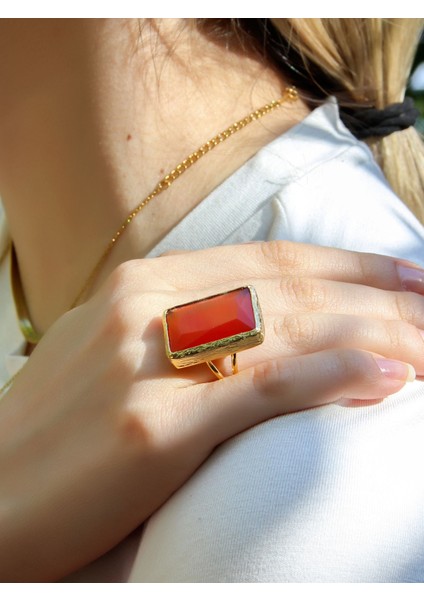 Kedi Gözü Cam Kadın Ayarlanabilir Altın Kaplama Yüzük Kırmızı EUY69K