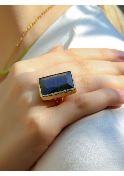 Kedi Gözü Cam Kadın Ayarlanabilir Altın Kaplama Yüzük Siyah EUY69S