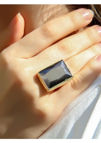 Kedi Gözü Cam Kadın Ayarlanabilir Altın Kaplama Yüzük Siyah EUY69S fiyatları