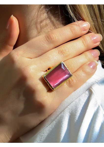 Kedi Gözü Cam Kadın Ayarlanabilir Altın Kaplama Yüzük Pembe EUY69P fiyatları