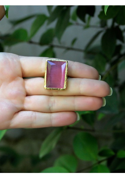 Kedi Gözü Cam Kadın Ayarlanabilir Altın Kaplama Yüzük Pembe EUY69P modelleri