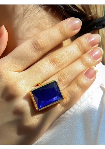 Kedi Gözü Cam Kadın Ayarlanabilir Altın Kaplama Yüzük Saks Mavi EUY69SM