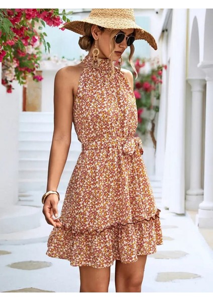 Kadın Eteği Volanlı Halter Yaka Süprem Elbise