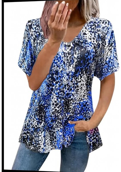 Kadın V Yaka Renkli Leopar Desen Büzgü Detay Süprem Bluz modelleri