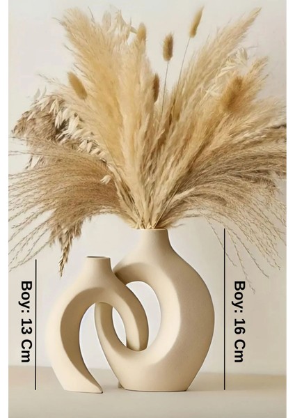 2'li 16CM Krem Vazo, Pampas, Dekoratif, Salon ve Masa Süsü
