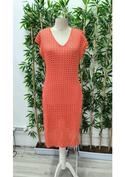 Kadın Sıfır Kol V Yaka Yanı Derin Yırtmaçlı Midi Boy Triko Elbise