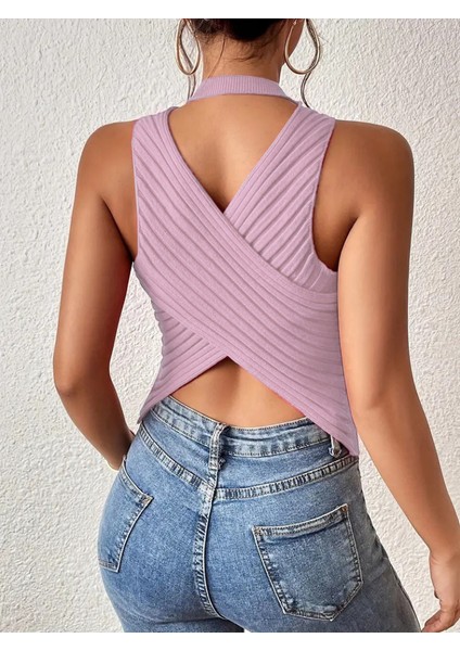 Aknbutik Kadın Kolsuz Sırt Çapraz Detay Triko Bluz
