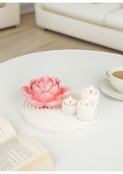 Büyük Çiçekli Serisi - Çizgili Pembe Lotus Beton Mumluk Takımı 3'lü