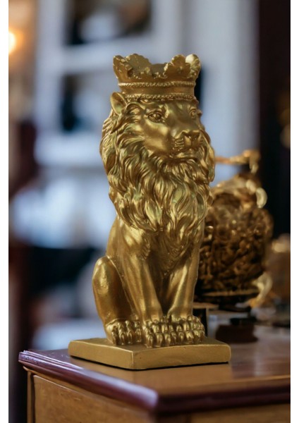 Taçlı Aslan Biblo, Dekoratif Heykel, Altın Renk, Şık ve Zarif Tasarım