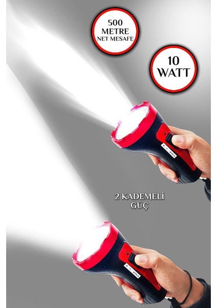 Mbb E- Ticaret Şarjlı 10W Projektör LED El Fener 2 Mod Aydınlatmalı Uzun Menzil Güvenlik Bekçi Polis Feneri Işıldak