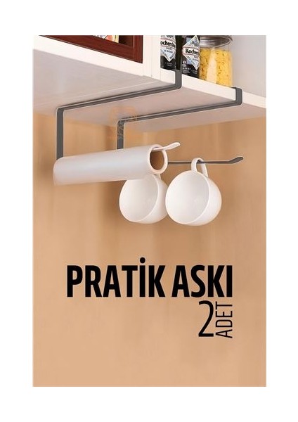 Mutfak Dolap Kağıt Havlu Askı Organizer Fincan Askısı Gri