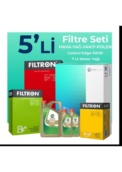 Volkswagen Transporter T5 2.0 Dizel Filtre Bakım Seti Castrol Motor Yağlı (2009-2015) 5 Li