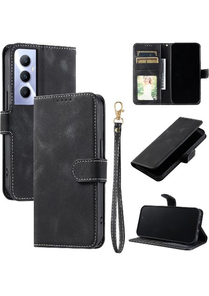 Realme C65 4g Cüzdan Kart Yuvaları Için Flip Case Bilek Kayışı Pu Deri (Yurt Dışından)