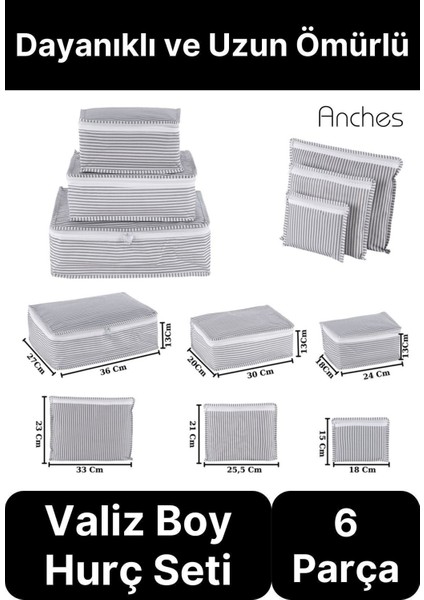 6'lı Valiz Bavul Düzenleyici Seyahat Çantası Organizer Hurç Set Fermuarlı Gri Çizgi Fileli