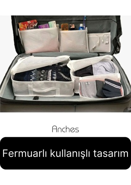6'lı Valiz Bavul Düzenleyici Seyahat Çantası Organizer Hurç Set Fermuarlı Gri Çizgi Fileli modelleri