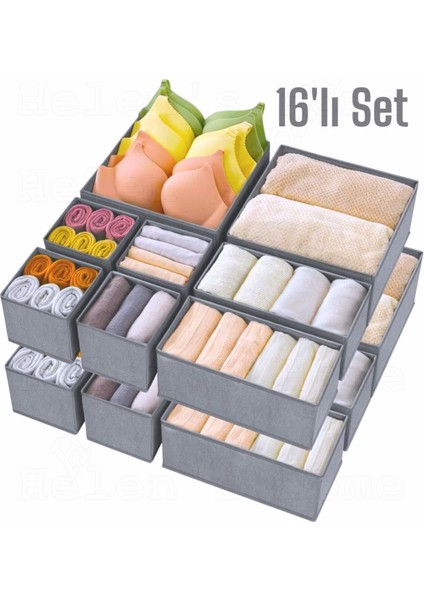 16 Parça Antrasit Dolap Içi ve Çekmece Içi Düzenleyici Organizer Giysi, Çorap Saklama Kutu Seti fiyatları