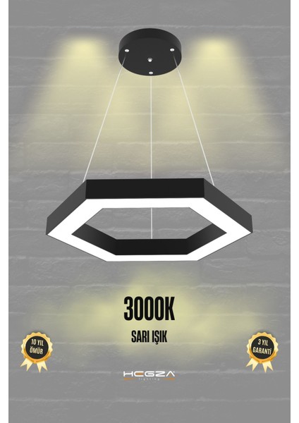 Hexagon ( Siyah Kasa, Sarı Işık ) Ledli Modern LED Avize, Salon, Mutfak, Oturma Yatak Odası, Sarkıt