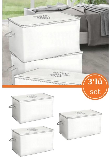 3 Adet Yorgan Yastık Saklama Hurcu, Ipli Baskılı Çok Amaçlı Sandık Tipi Hurç 3’lü Set 75X45X45 cm