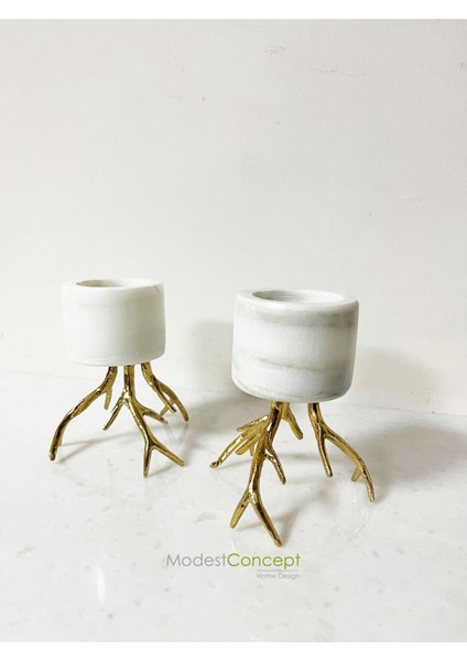 Doğal Beyaz Mermer Mumluk, Ayaklı Mumluk, Mermer Tealight, Gold Ayaklı Mumluk 2 Adet