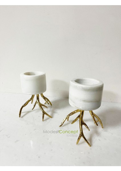 Doğal Beyaz Mermer Mumluk, Ayaklı Mumluk, Mermer Tealight, Gold Ayaklı Mumluk 2 Adet modelleri