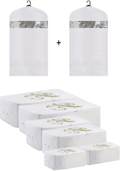 Hurç Organizer Saklama Çantası 2 Mega 2 Büyük 2 Küçük Boy ve Elbise Kılıfı Beyaz Renk 8'li Set