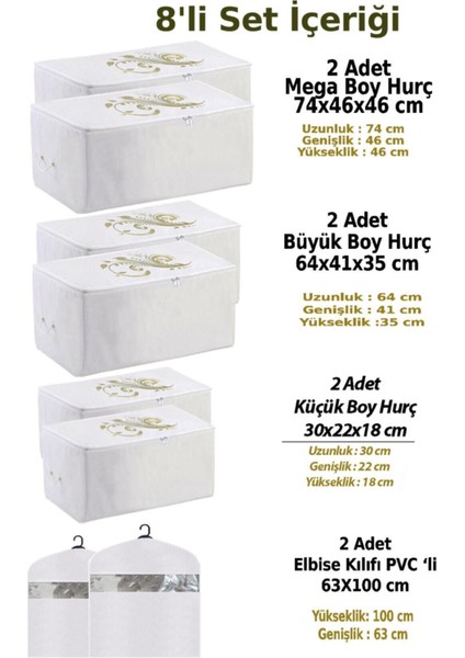 Hurç Organizer Saklama Çantası 2 Mega 2 Büyük 2 Küçük Boy ve Elbise Kılıfı Beyaz Renk 8'li Set fiyatları