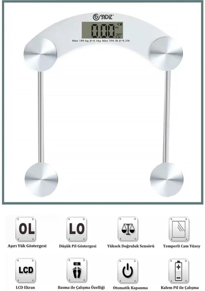 BY-002 Dijital Baskül LCD Ekran Banyo Tartısı 180 kg Kapasiteli Temperli Cam Tartı (Kare) modelleri