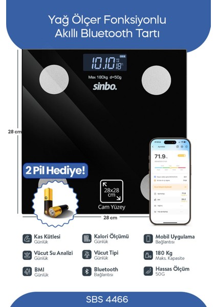 SBS-4466 Bluetooth Dijital Yağ Su Kas Vücut Kitle Endeksi Kilo Ölçer Tartı Baskül