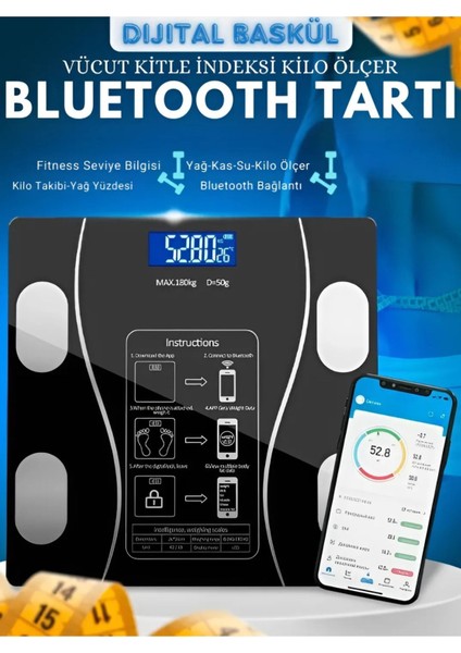 Dijital LCD Banyo Baskül Yağ Su Kas Ölçümü Vücut Kitle Endeksi Bluetooth Kilo Ölçer Tartı