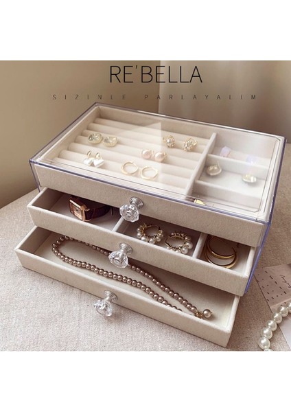 3 Çekmeceli Bölmeli Şeffaf Takı Kutusu | Mücevher Saklama Kutusu | Bej ve Gri Renk Seçeneği fırsatları