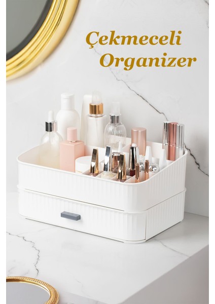 0619 Çekmeceli Takı Makyaj Organizeri Düzenleyici Makyaj Çekmeceli Bijuteri Mücevher Kutusu Beyaz