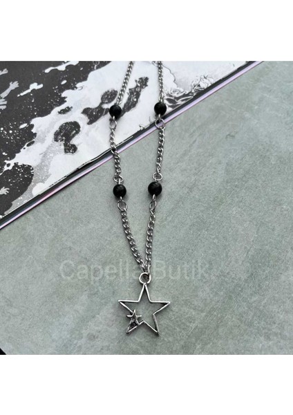 Y2K Yıldızlı Siyah Incili Kolye Antik Gümüş Kaplama