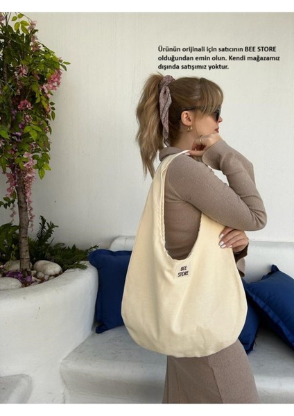 Krem Baget Cırtcırtlı, Astarlı, Kumaş Bez Çanta, Kadın Kol ve Omuz Çantası