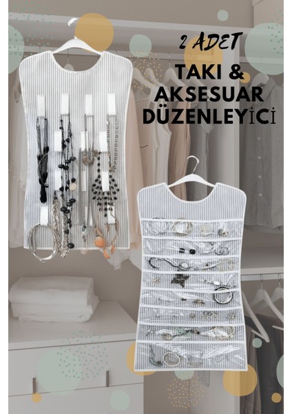 2 Adet Çift Taraflı Dolap Içi Asılabilir Takı Aksesuar Kolye Bilezik Küpe Yüzük Düzenleyici