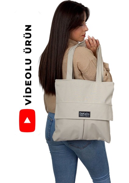 Kadın Bej Fermuarlı El ve Omuz Çantası Kumaş Bez Çanta Özel Dikim Kreasyonu