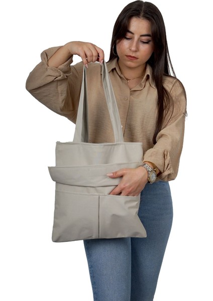 Kadın Bej Fermuarlı El ve Omuz Çantası Kumaş Bez Çanta Özel Dikim Kreasyonu modelleri