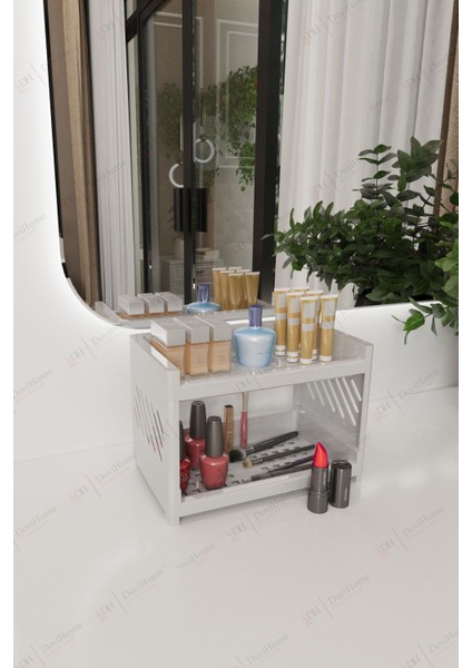 Çift Katlı Makyaj Kozmetik Fırçalık Banyo ve Ev Düzenleyici Çok Amaçlı Organizer Raf Beyaz
