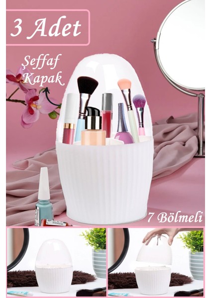 3 Adet 7 Bölmeli Makyaj Fırçası ve Kozmetik Düzenleyici Şeffaf Kapaklı Toparlayıcı Organizer Beyaz
