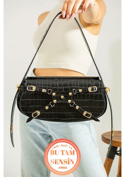 Siyah Kroko Desenli Kadın Çift Kademeli Özel Kilit Askı Sistemli Manc Model Baget Omuz Çantası fiyatları