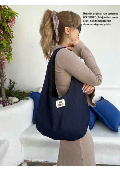 Lacivert Baget Cırtcırtlı, Astarlı, Kumaş Bez Çanta, Kadın Kol ve Omuz Çantası
