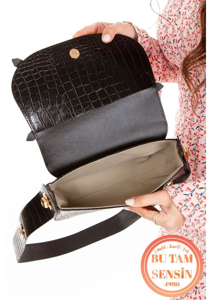 Siyah Kroko Desenli Kadın Çift Kademeli Özel Kilit Askı Sistemli Manc Model Baget Omuz Çantası indirimleri