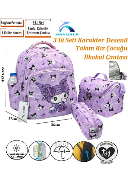 Karakter Desenli Ilk Okul Çanta 3'lü Seti Ilkokul Çantası Kız Çocuğu Lila