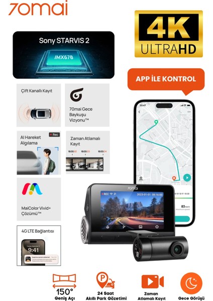 70MAI A810 Ön ve RC12 Arka Araç Içi Kamera Seti