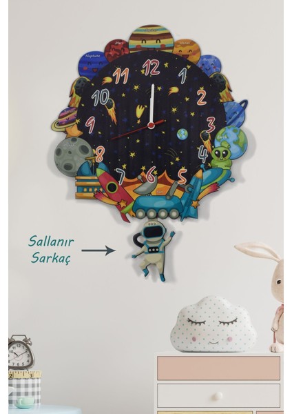 3 Boyutlu Ahşap Uzay ve Gezegenler Çocuk Odası Ahşap Duvar Saati ELF-2312023