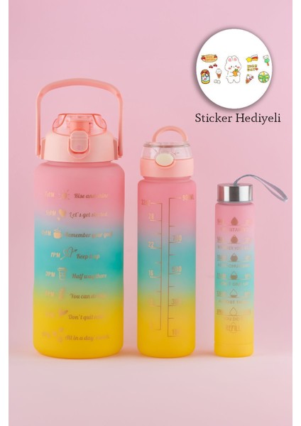 11918 3 Lü Motivasyon Stickerlı Kokusuz Spor Su Matarası - Su Şişesi - Renkli Suluk