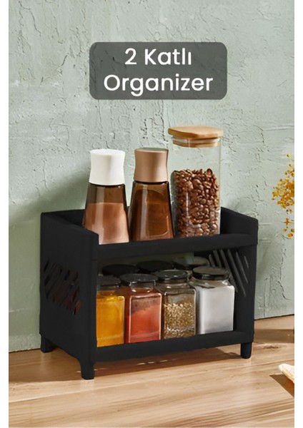 Siyah Venedik 2 Katlı Masa Üstü Düzenleyici Takı Makyaj Rafı Ofis Organizeri Banyo Standı