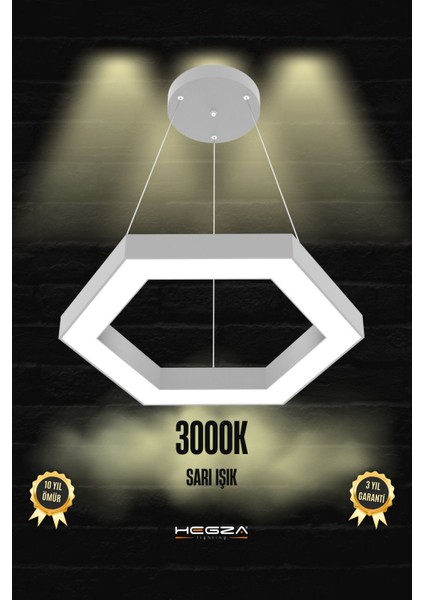 Hexagon ( Gri Kasa, Sarı Işık ) Ledli Modern LED Avize, Salon, Mutfak, Oturma Yatak Odası, Sarkıt
